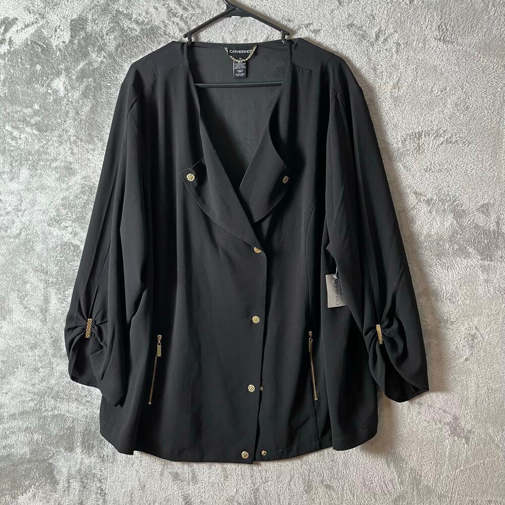 Catherine’s Black Long Sleeve Top with Gold Buttons & Zippers Size 2X Modern New